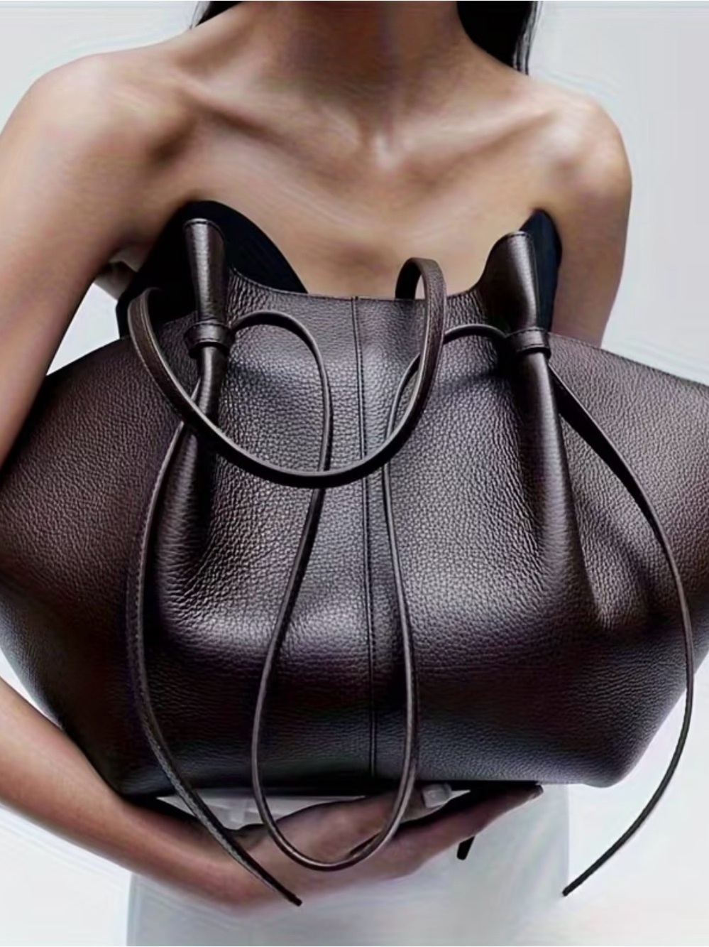 Luxury Chocolate Brown Leather Tote with Sculpted Handles